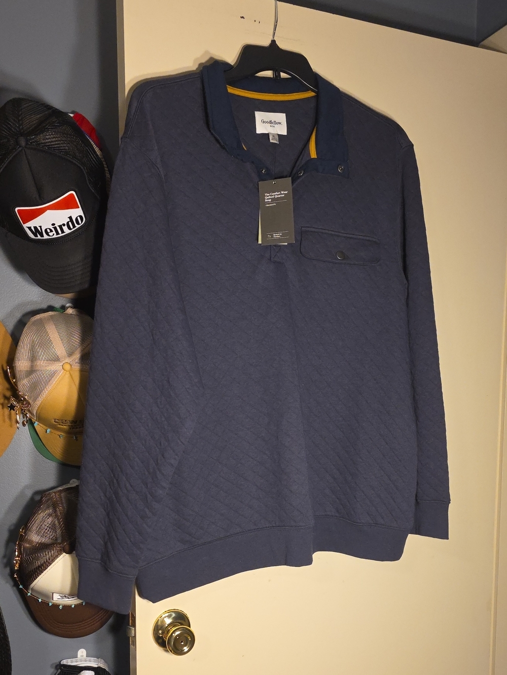 Goodfellow & Co Navy Quilted Snap-Pocket Pullover with Yellow Trim